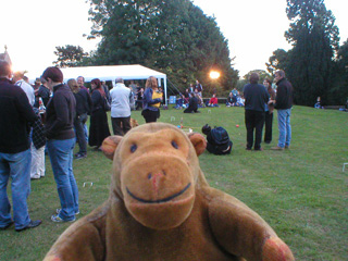 Mr Monkey looking at the tents and marquee lawn
