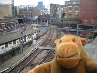 Mr Monkey looking down on some underground railway tracks