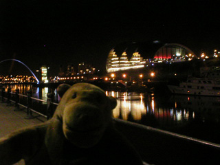 Mr Monkey looking at the Sage centre from the Newcastle quayside