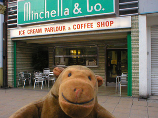 Mr Monkey outside Minchella's ice cream parlour