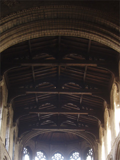 The wooden beams supporting the roof of the quire