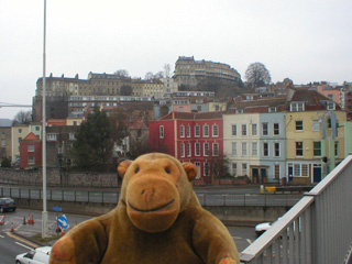 Mr Monkey looking at Hotwells from a pedestrian bridge