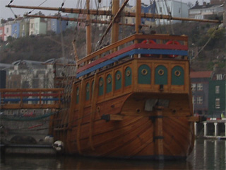 The stern of the Matthew, viewed from a ferry