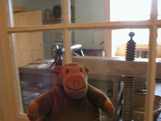 Mr Monkey looking through an internal window at some laundry equipment