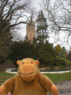 Mr Monkey looking at the Cabot Tower from afar