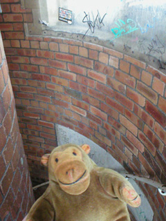 Mr Monkey climbing a spiral staircase