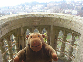 Mr Monkey on a balcony at the top of the tower