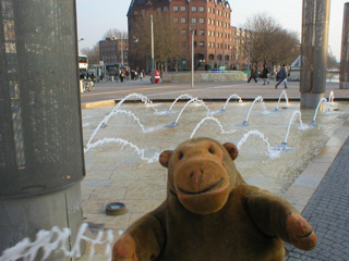 Mr Monkey looking the fountains at the top of the cascade