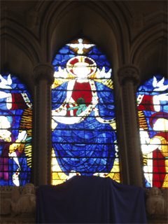 The Lord in Glory on stained glass above the sanctuary of Southwark Cathedral