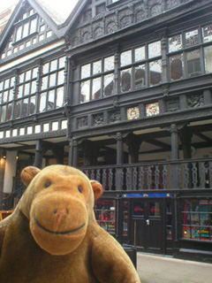 Mr Monkey looking at buildings on Watergate Street