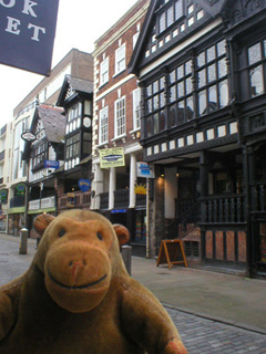 Mr Monkey looking at buildings on Watergate Street