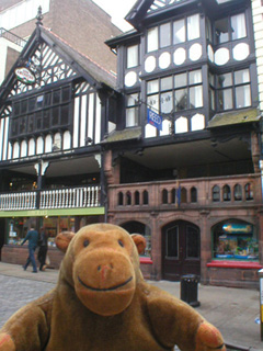 Mr Monkey looking at buildings on Watergate Street