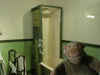 Mr Monkey looking at a Victorian bath and shower