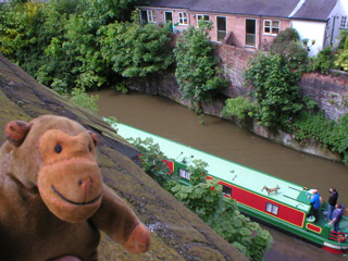 Mr Monkey looking down on a narrowboat in the canal below King Charles tower