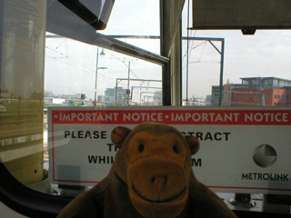 Mr Monkey looking out of the back of a Metrolink tram