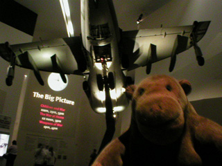 Mr Monkey standing behind a Harrier jump jet