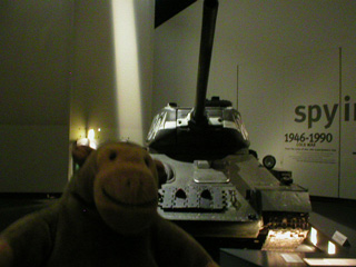 Mr Monkey in front of a T-34 tank