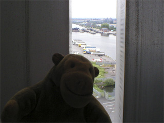 Mr Monkey looking along the Manchester Ship Canal from the museum