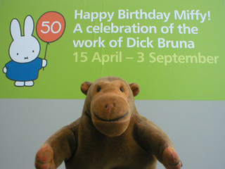 Mr Monkey below a Happy Birthday Miffy banner