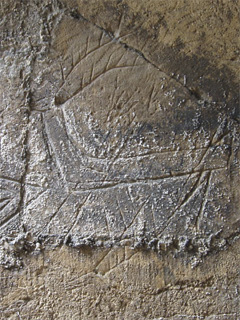 A stag scratched on the staircase wall