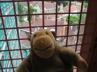 Mr Monkey looking out of the lift on the way up the front of the Minster