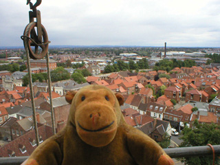 Mr Monkey looking out at York from the top of the scaffolding