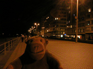 Mr Monkey walking along Albert I promenade in the dark