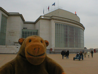Mr Monkey looking at the beach facing side of the Ostend casino