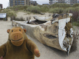 Mr Monkey looking at a boat carved from a lime tree