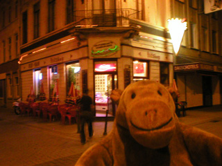 Mr Monkey outside the Old Ham cafe