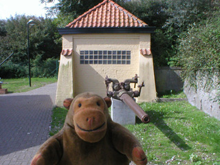 Mr Monkey looking at a British submarine gun