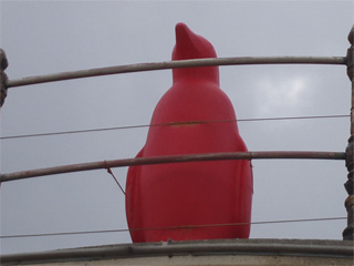 A red penguin on the roof of the Thermae Palace