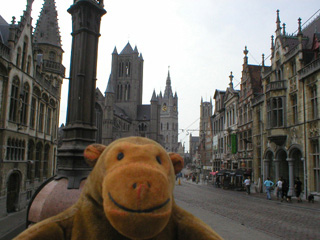 Mr Monkey looking at the three towers from St Michael's bridge