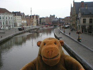 Mr Monkey looking along the Leie from St Michael's bridge