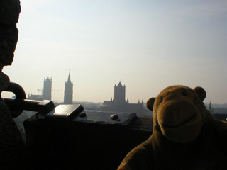 Mr Monkey looking at the three towers from the keep