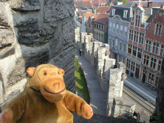 Mr Monkey looking down on the ramparts from the gatehouse