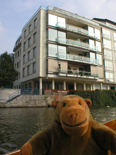 Mr Monkey looking at an apartment block on the east bank of the Leie