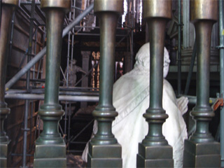 Statues and scaffolding in the area being worked on