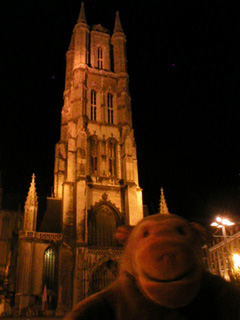 Mr Monkey looking at St-Baaf's cathedral after dark