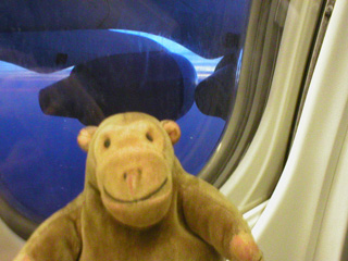 Mr Monkey looking at the engines of his plane over the English Channel