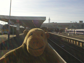 Mr Monkey on the station platform at Blackpool