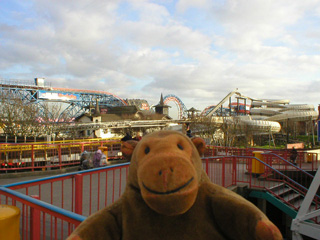 Mr Monkey looking across the Pleasure Beach