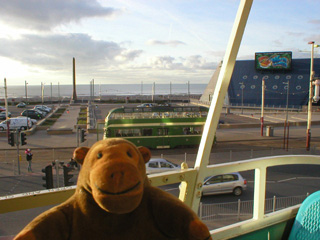 Mr Monkey looking at a tram outside the park from the monorail