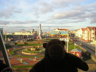 Mr Monkey looking out across Blackpool from the monorail