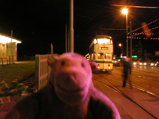 Mr Monkey watching a tram driver switch the points at Bispham