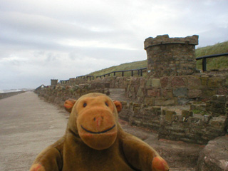 Mr Monkey looking at a small fake castle at Norbreck