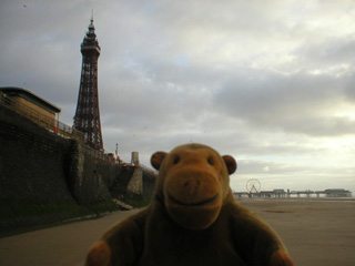 Mr Monkey looking at Blackpool Tower from under the North Pier