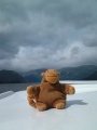 Mr Monkey on top of a motorboat