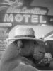 Monkey with motel lights behind him (black & white)